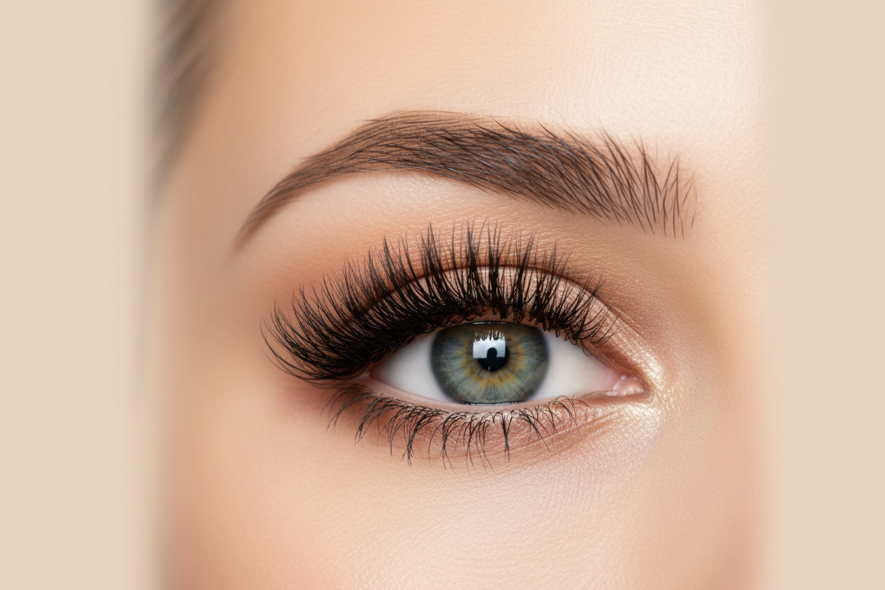 A hyper-realistic, high-resolution close-up of a woman's eye showcasing flawless, voluminous lashes, perfectly groomed brows, and smooth eyelid skin. The eye color is captivating and the makeup accentuates the natural beauty—feature subtle eyeliner, soft eyeshadow, and dramatic lashes. The lighting is gentle yet bright, emphasizing shine and clarity in the eye and texture of lashes. Arrange the eye so it's centered horizontally in a wide 16:9 frame, leaving clean space on both sides for banner text or promo