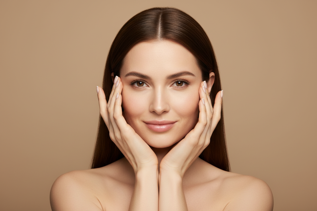 Portrait of a woman with long, smooth brown hair, hands gently framing her face. Background is a soft, neutral beige. The composition is minimal, elegant, and the shoulders are bare, creating a clean beauty editorial vibe.