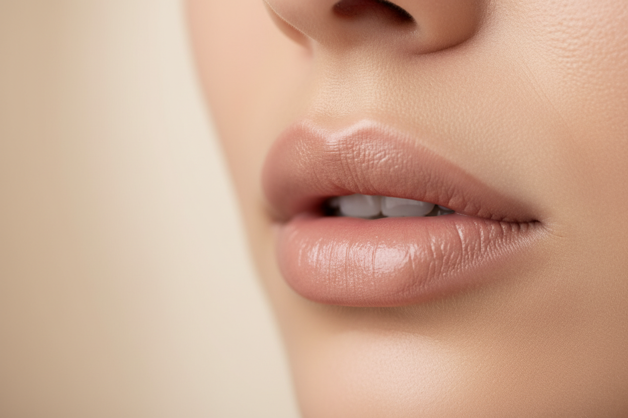 Portrait-oriented close-up of soft, natural, well-moisturized lips with neutral lipstick, seamless skin texture, and a blurred light background. Focus on the lips and surrounding skin for a high-resolution, elegant beauty look.